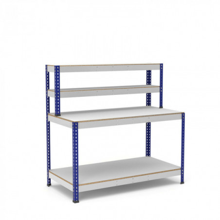 Mesa de trabajo azul y gris con repisa y 2 bandejas de melamina sin cantear