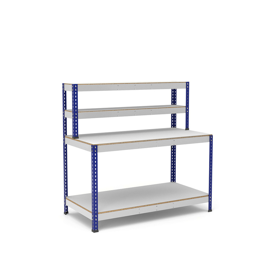 Mesa de trabajo azul y gris con repisa y 2 bandejas de melamina sin cantear Mesa de trabajo azul y gris con repisa y 2 bandejas de melamina sin cantear