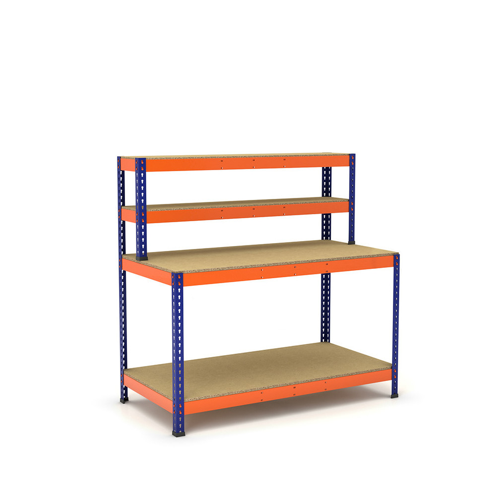 Mesa de trabajo azul y naranja con repisa y 2 bandejas de aglomerado Mesa de trabajo azul y naranja con repisa y 2 bandejas de aglomerado