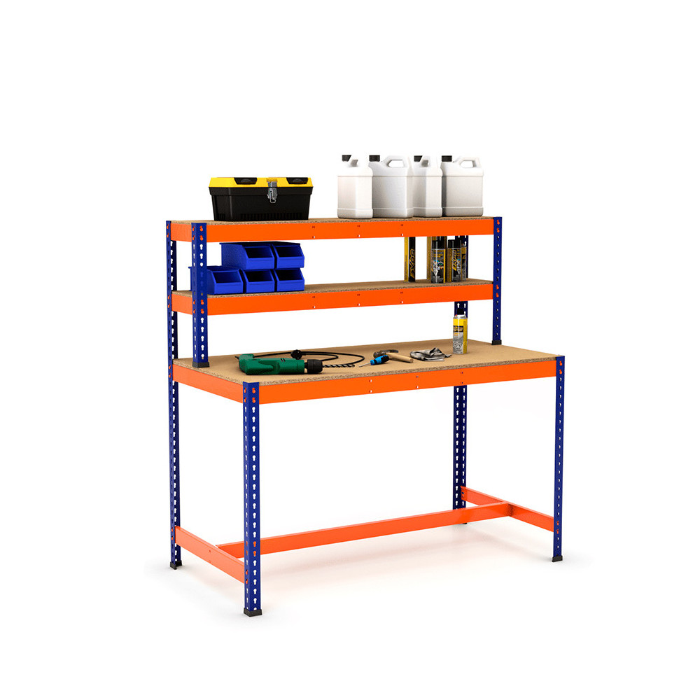 Mesa de trabajo con repisa y reposapiés azul y naranja con aglomerado y producto Mesa de trabajo con repisa y reposapiés azul y naranja con aglomerado y producto