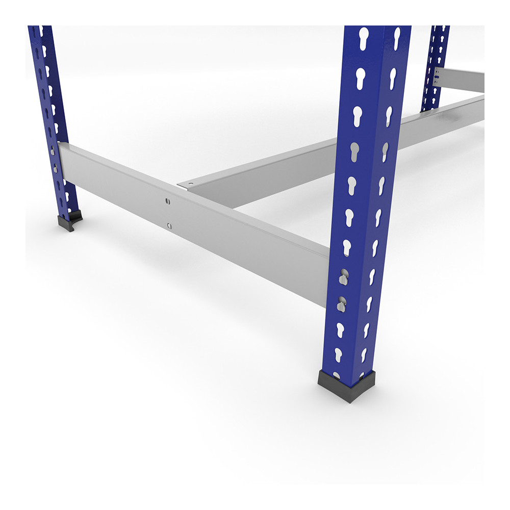 Mesa de trabajo con repisa y reposapiés azul y gris - Detalle Mesa de trabajo con repisa y reposapiés azul y gris - Detalle