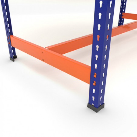 Mesa de trabajo con reposapiés azul y naranja - Detalle