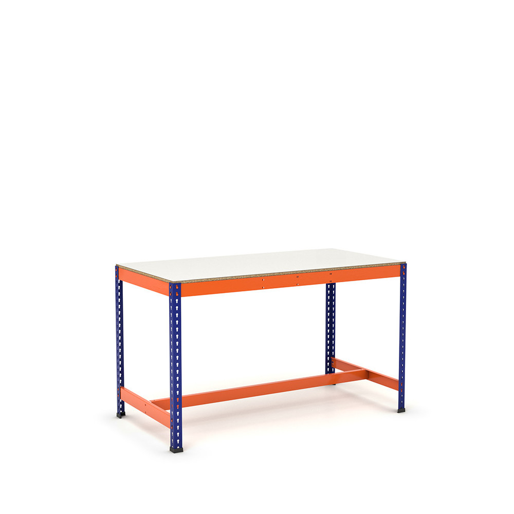 Mesa de trabajo con reposapiés azul y naranja con melamina sin cantear Mesa de trabajo con reposapiés azul y naranja con melamina sin cantear