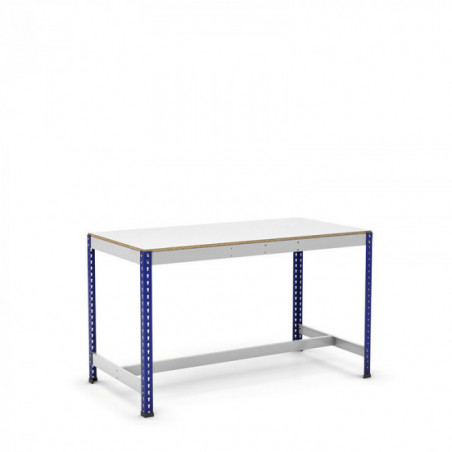 Mesa de trabajo con reposapiés azul y gris con melamina sin cantear