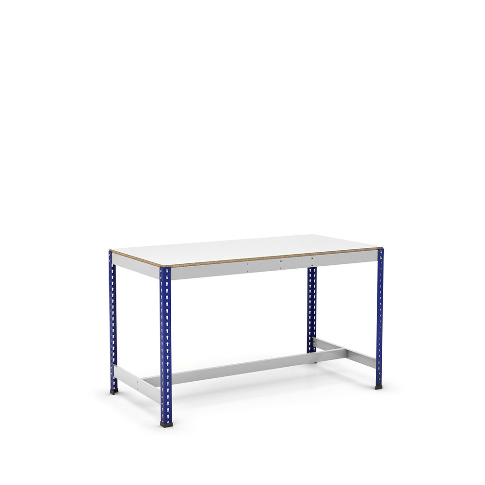Mesa de trabajo con reposapiés azul y gris con melamina sin cantear Mesa de trabajo con reposapiés azul y gris con melamina sin cantear