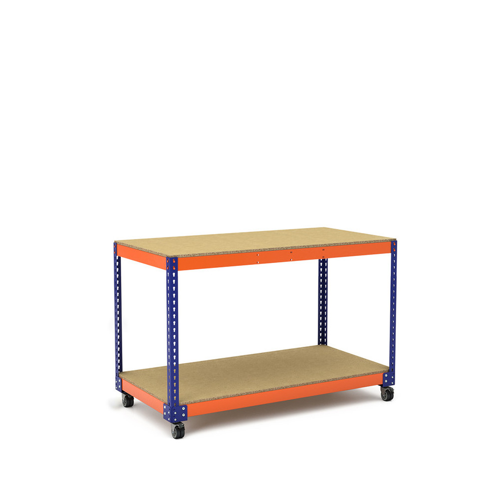 Mesa de trabajo con ruedas azul y naranja con 2 baldas de aglomerado Mesa de trabajo con ruedas azul y naranja con 2 baldas de aglomerado