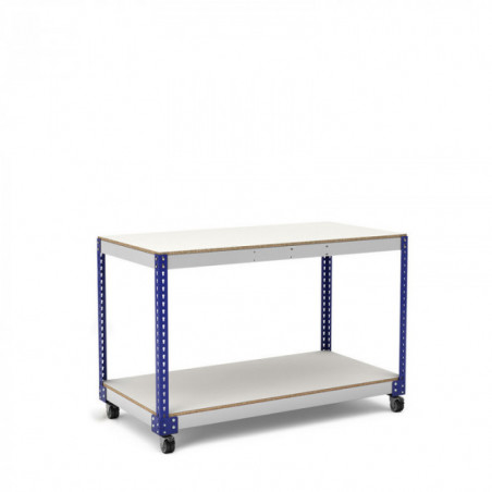 Mesa de trabajo con ruedas azul y gris con 2 baldas de melamina sin cantear