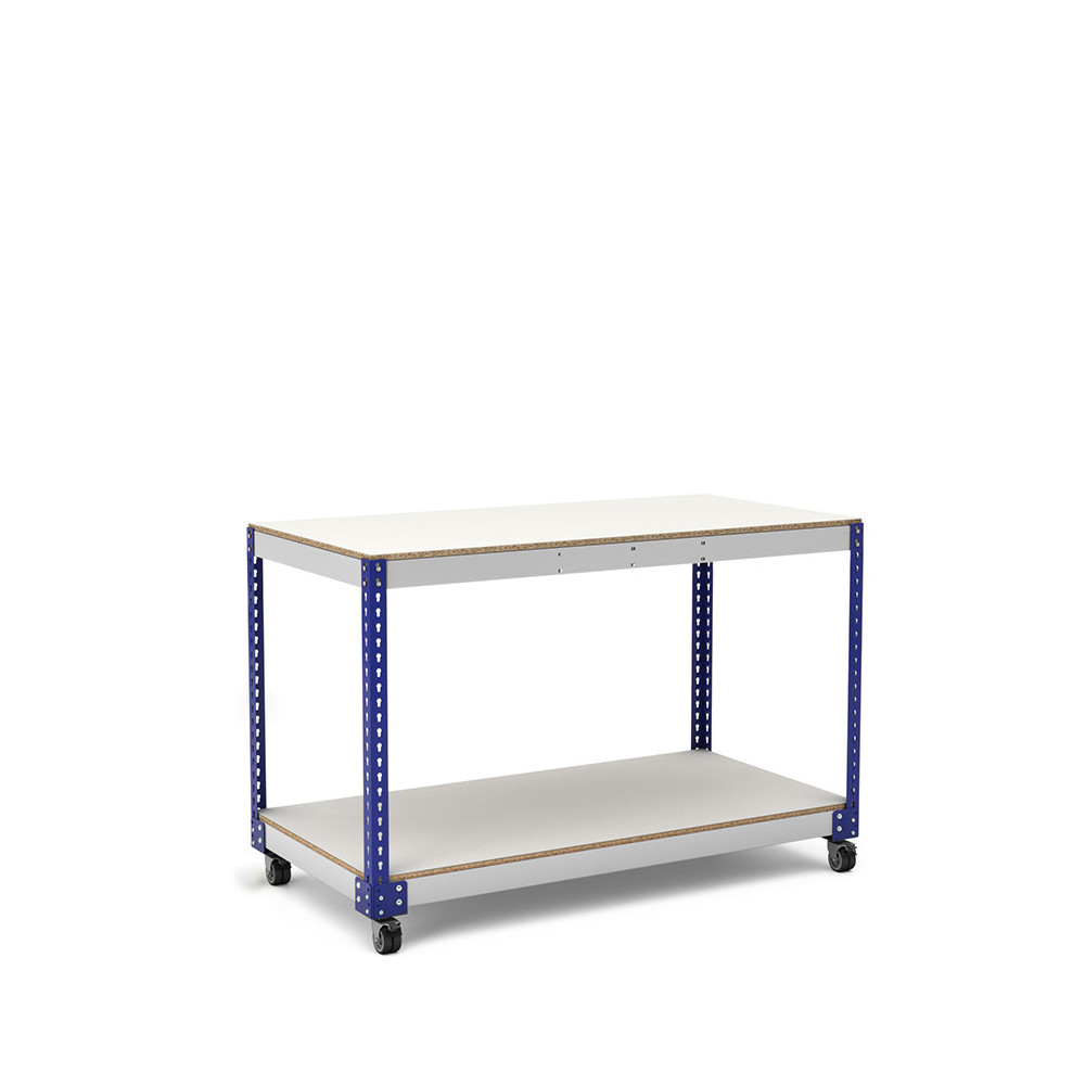 Mesa de trabajo con ruedas azul y gris con 2 baldas de melamina sin cantear Mesa de trabajo con ruedas azul y gris con 2 baldas de melamina sin cantear
