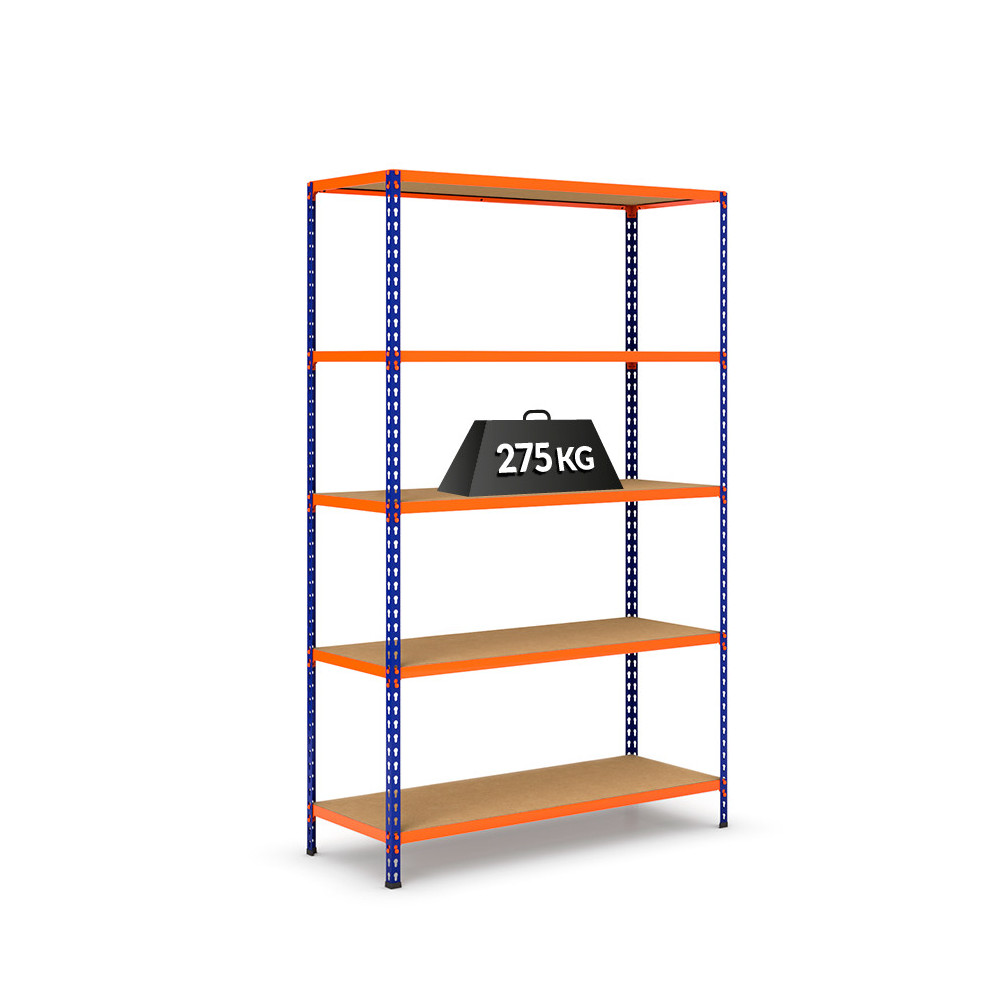 Estantería V-Max azul y naranja con baldas de aglomerado Estantería V-Max azul y naranja con baldas de aglomerado
